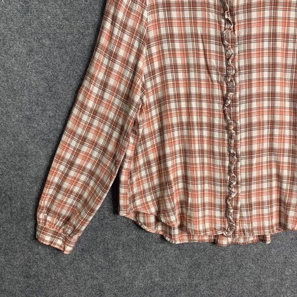 Loft Button Up Shirt Women L Ruffle Buttons & Hi Neck Orange Plaid Long Sleeve - Picture 6 of 16